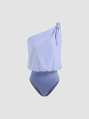 Cotton-blend Asymmetrical Neck Stripe Knotted Shirt Bodysuit