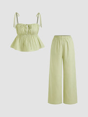 Square Neck Striped Knotted Crop Cami Top With High Rise Striped Wide Leg Trousers