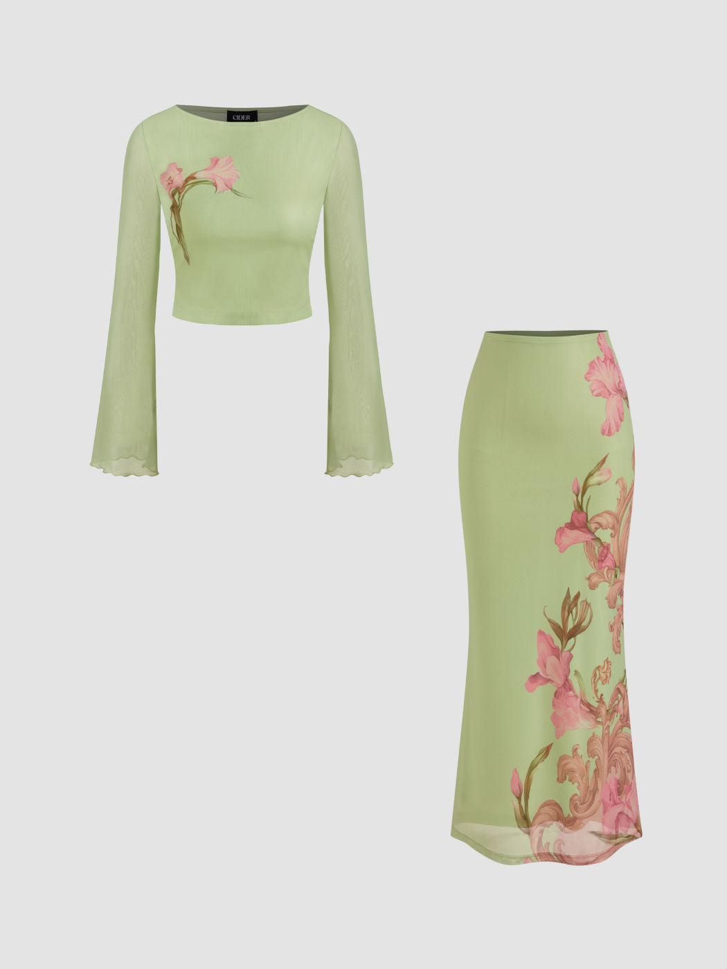 Mesh Floral Lettuce Trim Crop Top & Mid Rise Ruffle Maxi Skirt Set