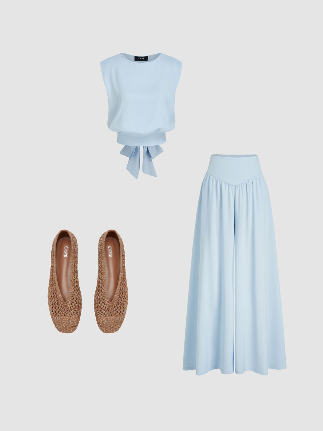 BRAIDED FLATS &  SATIN ROUND NECKLINE SOLID KNOTTED TOP & MID RISE POCKET WIDE LEG TROUSERS SET