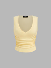 Cotton-blend V-neck Ruched Tank Top & Solid Elastic Waist Ruffle Hem Tiered Maxi Skirt