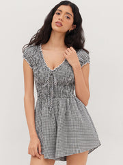 Cotton-blend V-neck Gingham Shirred Puff Sleeve Romper