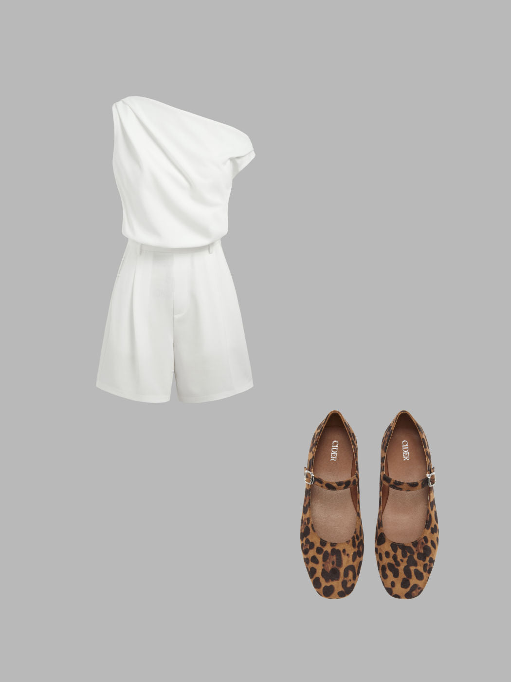 Asymmetrical Neck Solid Pleated Romper & LEOPARD PRINT SUEDE MARY JANE FLATS
