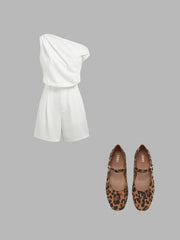 Asymmetrical Neck Solid Pleated Romper & LEOPARD PRINT SUEDE MARY JANE FLATS