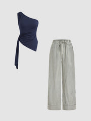 Asymmetrical Neck Ruched Tank Top & Cotton-blend Mid Rise Stripe Elastic Waist Straight Leg Trousers