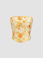 Satin Floral Shirred Curved Hem Bandeau Corset Top