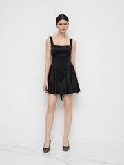 Satin Square Neck Solid Ruffle Knotted Mini Dress