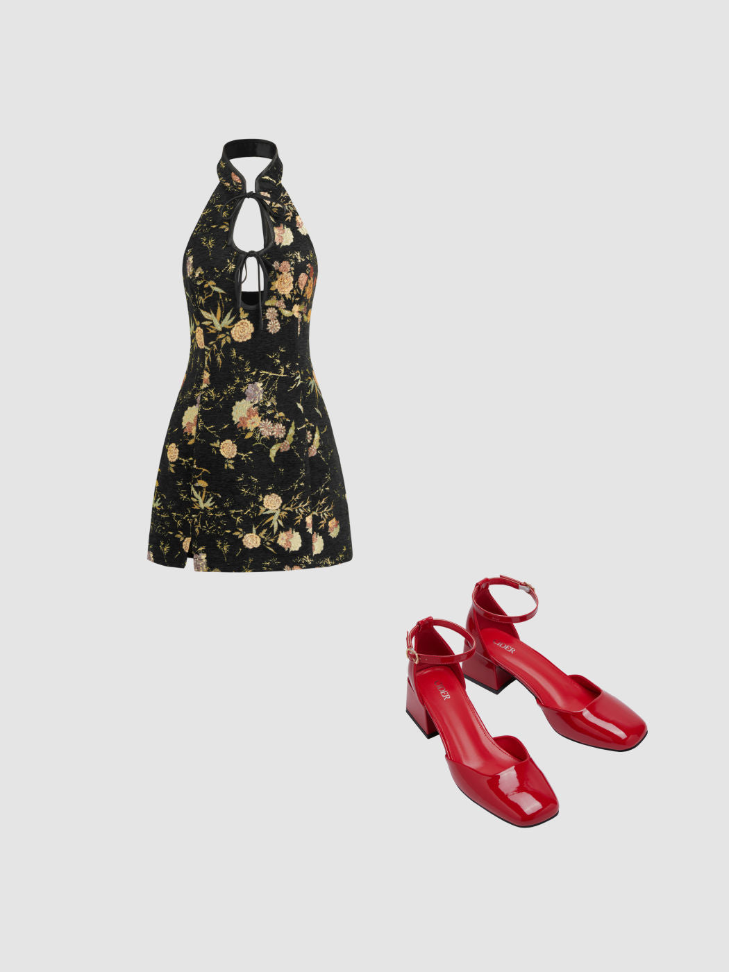 Jacquard Halter Neckline Floral Cut Out Tie Front Mini Dress & FAUX PATENT LEATHER MARY JANE PUMPS