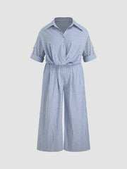 Cotton-blend Collar Striped Knotted Roll-up Sleeve Jumpsuit Curve & Plus