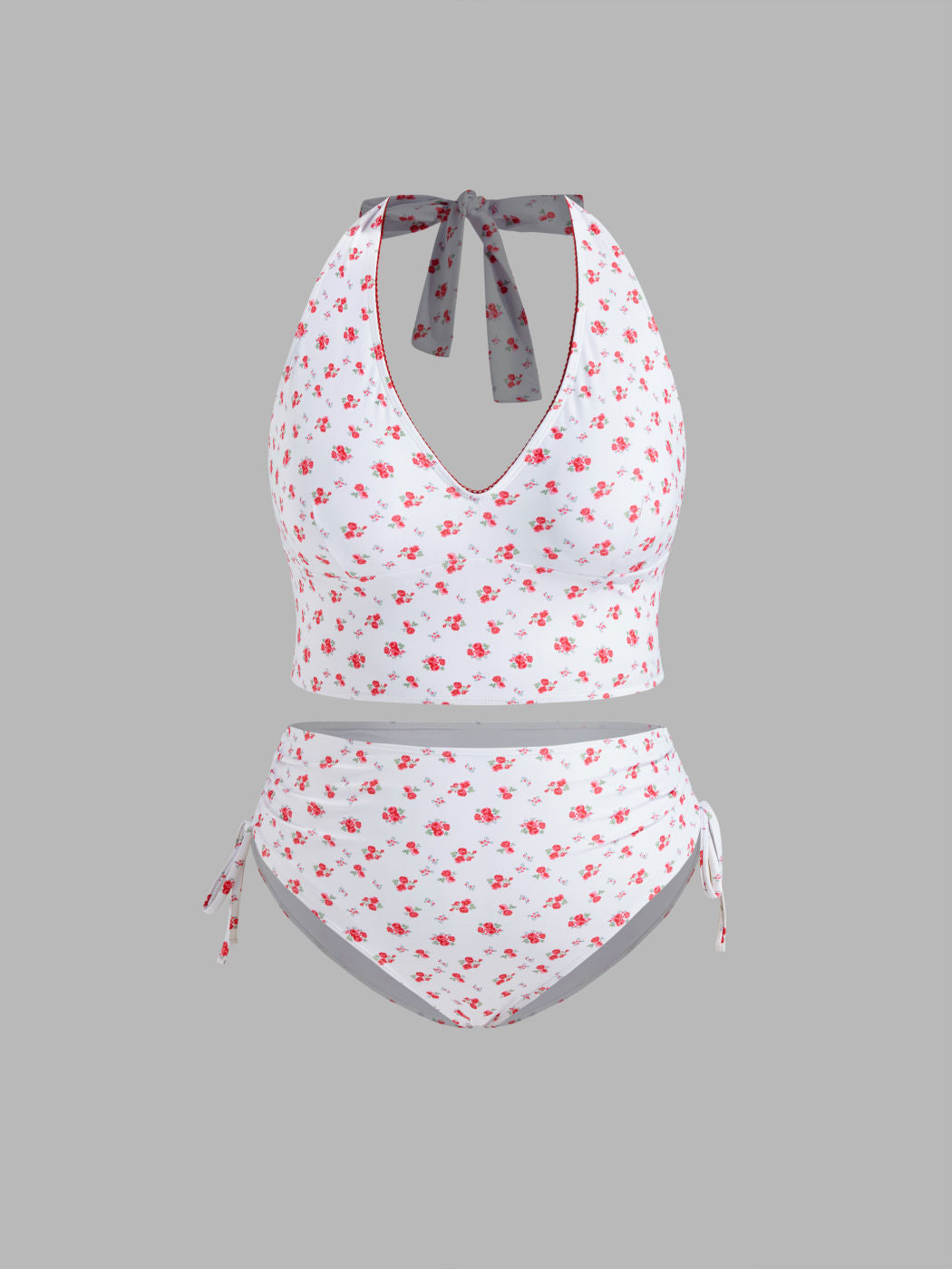 Halter Floral Drawstring Full Coverage Tankini Bikini Set Curve & Plus