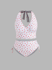 Halter Floral Drawstring Full Coverage Tankini Bikini Set Curve & Plus