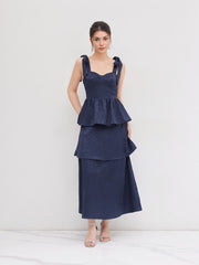 Jacquard Scoop Neckline Solid Bowknot Layered Maxi Dress