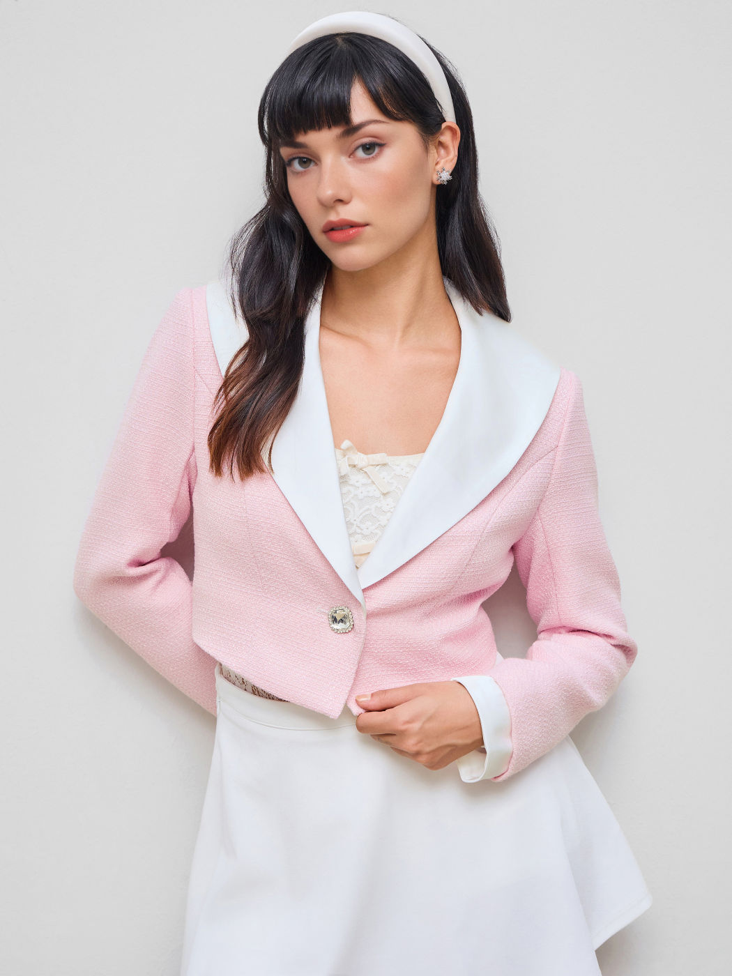 Tweed Collar Two Tone Crop Jacket