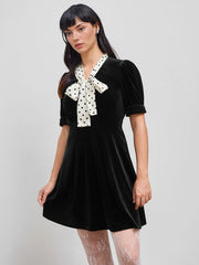 Velvet V-neck Polka Dot Knotted Mini Dress