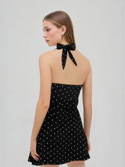 Cotton-blend Halter Cowl Neck Polka Dot Knotted Mini Dress