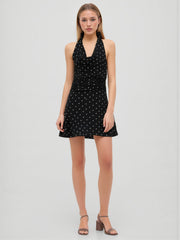 Cotton-blend Halter Cowl Neck Polka Dot Knotted Mini Dress