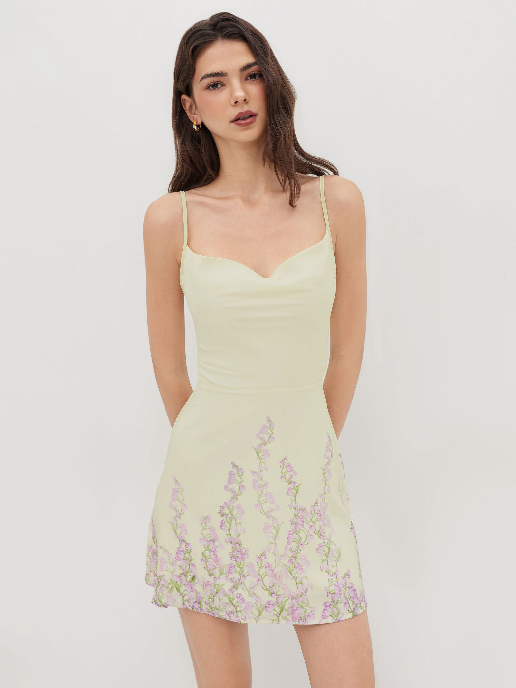 Cowl Neck Floral Lace Up Mini Dress