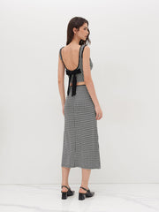 Gingham Bowknot Backless Crop Tank Top & Mid Rise Button Through Skirt Set