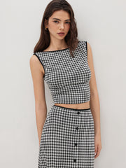 Gingham Bowknot Backless Crop Tank Top & Mid Rise Button Through Skirt Set
