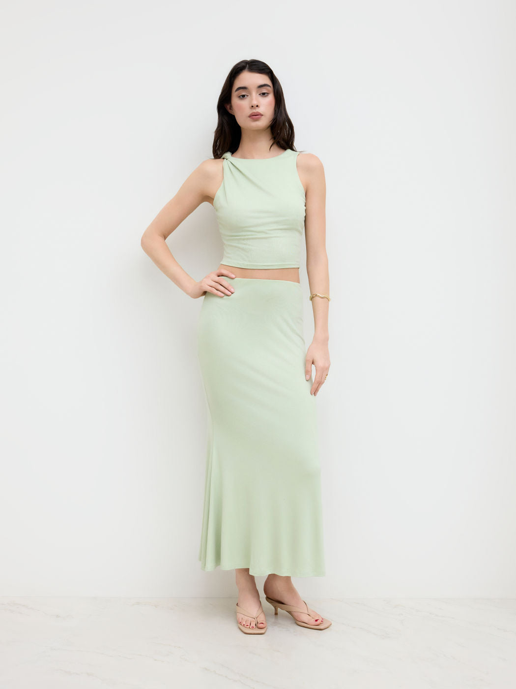 Boat Neck Twist Tank Top & Mid Rise Ruffle Maxi Skirt Set