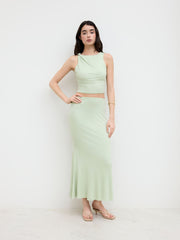 Boat Neck Twist Tank Top & Mid Rise Ruffle Maxi Skirt Set