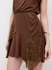 Round Neckline Lace Patchy Ruffle Hem Ruched Mini Dress