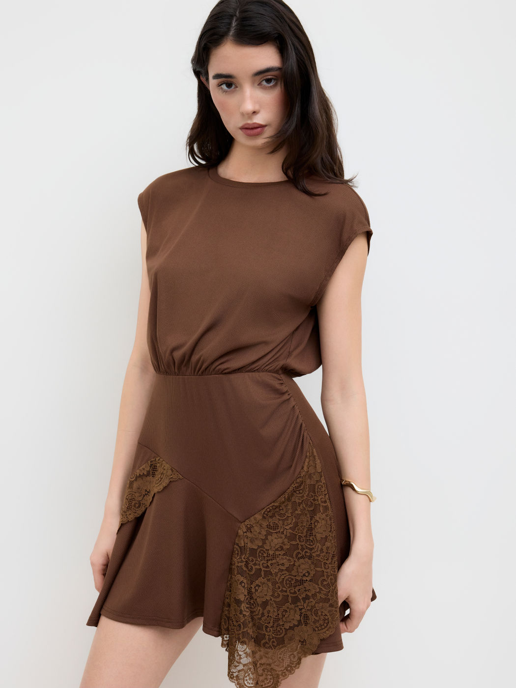 Round Neckline Lace Patchy Ruffle Hem Ruched Mini Dress
