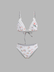 V-neck Floral Lace Trim Bowknot Triangle Cheeky Bikini Set