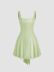 Satin Square Neck Solid Ruffle Knotted Mini Dress