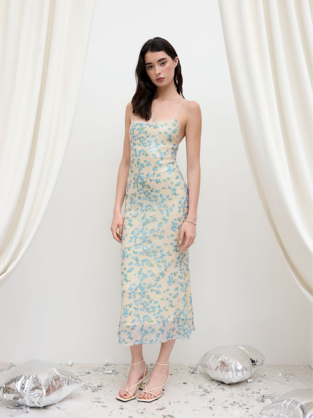 Sequin Backless Ditsy Floral Lace Up Knotted Maxi Dress