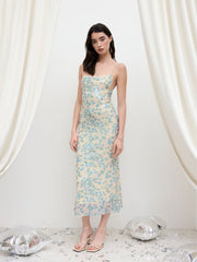 Sequin Backless Ditsy Floral Lace Up Knotted Maxi Dress