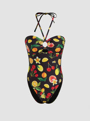 Shaping Halter Neckline Fruit Cut Out One Piece Swimsuit