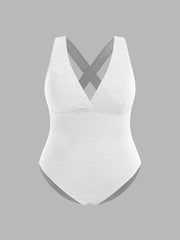 Shaping V-neck Floral Texture Criss Cross One Piece Swimsuit Curve & Plus