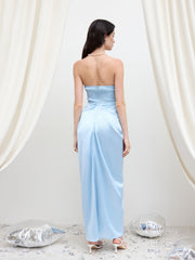 Satin Floral Shirred Split Bandeau Maxi Dress