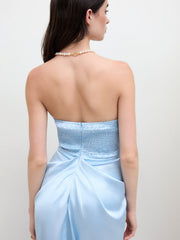 Satin Floral Shirred Split Bandeau Maxi Dress