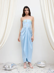 Satin Floral Shirred Split Bandeau Maxi Dress