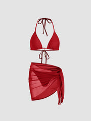 Rib Fabric Halter Neckline Knotted Tie Side Bikini Set With Sarong