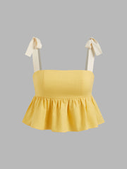 Linen-blend Bowknot Shirred Ruffle Hem Crop Tank Top
