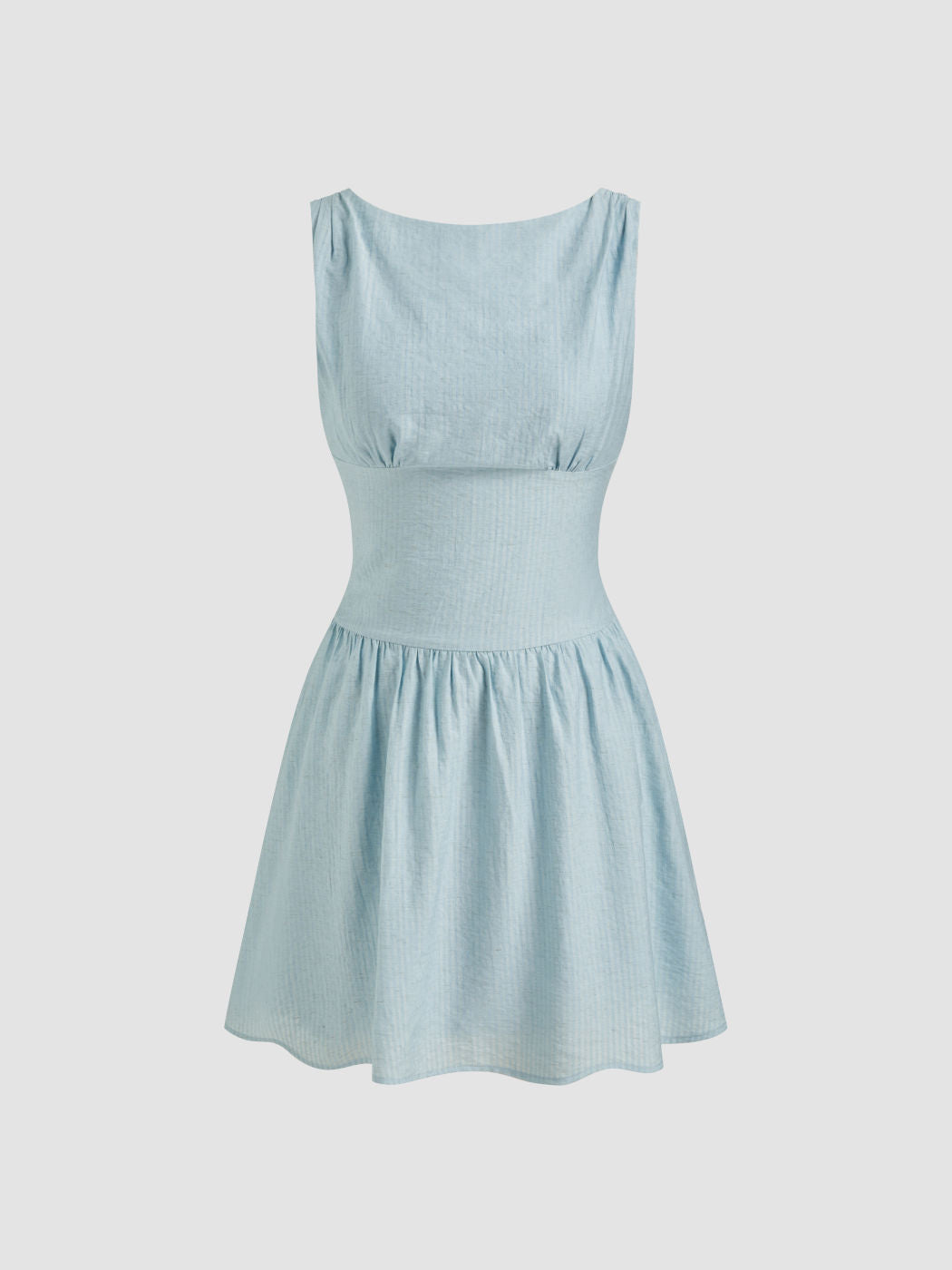 Cotton Boat Neck Backless Knotted Shirred Mini Dress