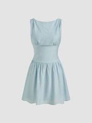 Cotton Boat Neck Backless Knotted Shirred Mini Dress