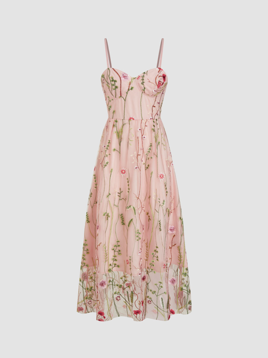 Sweetheart Neckline Floral Embroidery Mesh Maxi Dress