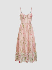 Sweetheart Neckline Floral Embroidery Mesh Maxi Dress