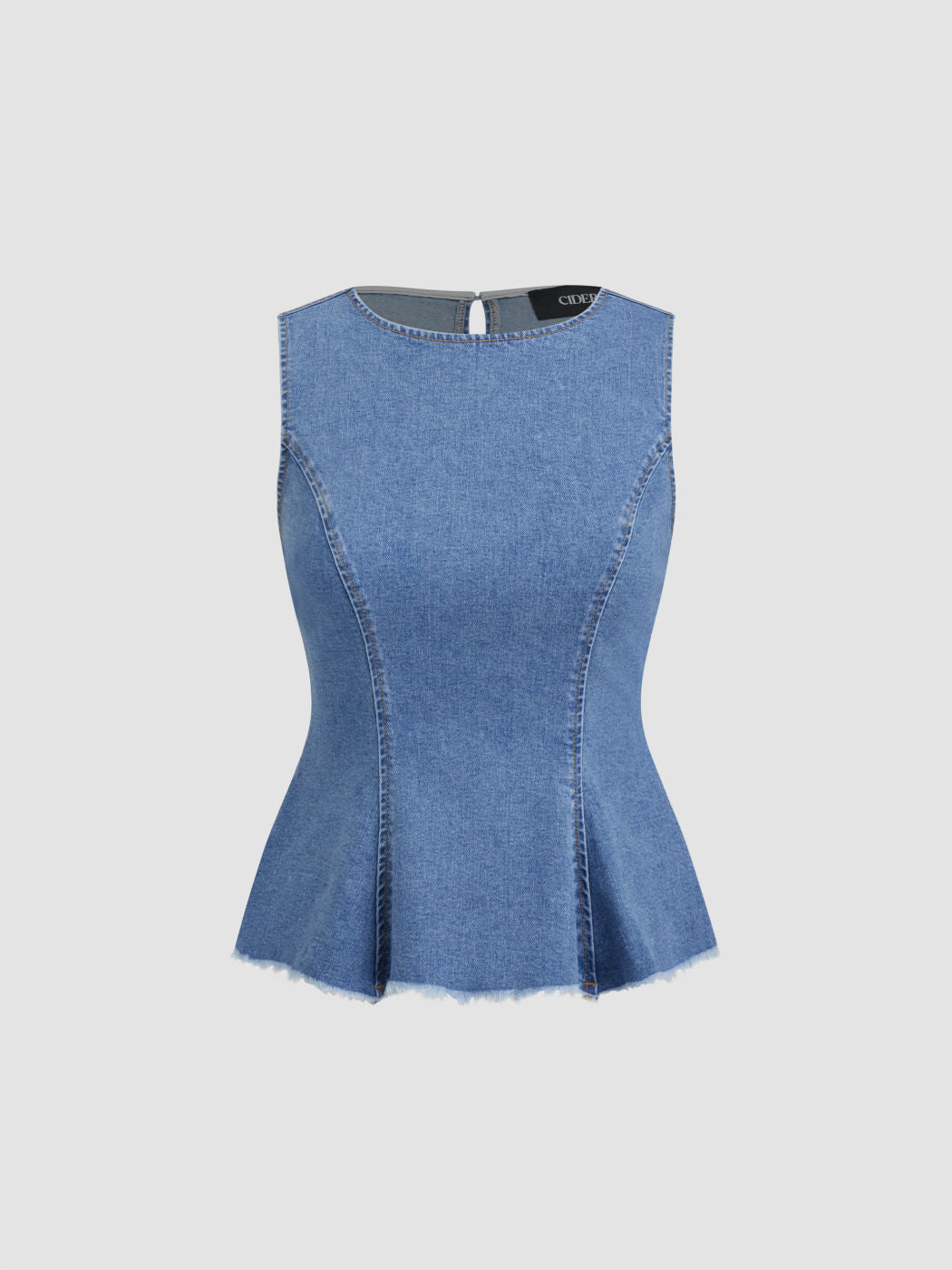 Stretch Denim Round Neckline Pleated Top