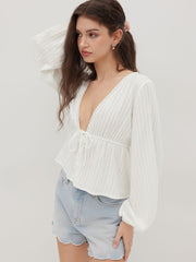 V-neck Striped Ruffle Long Sleeve Blouse