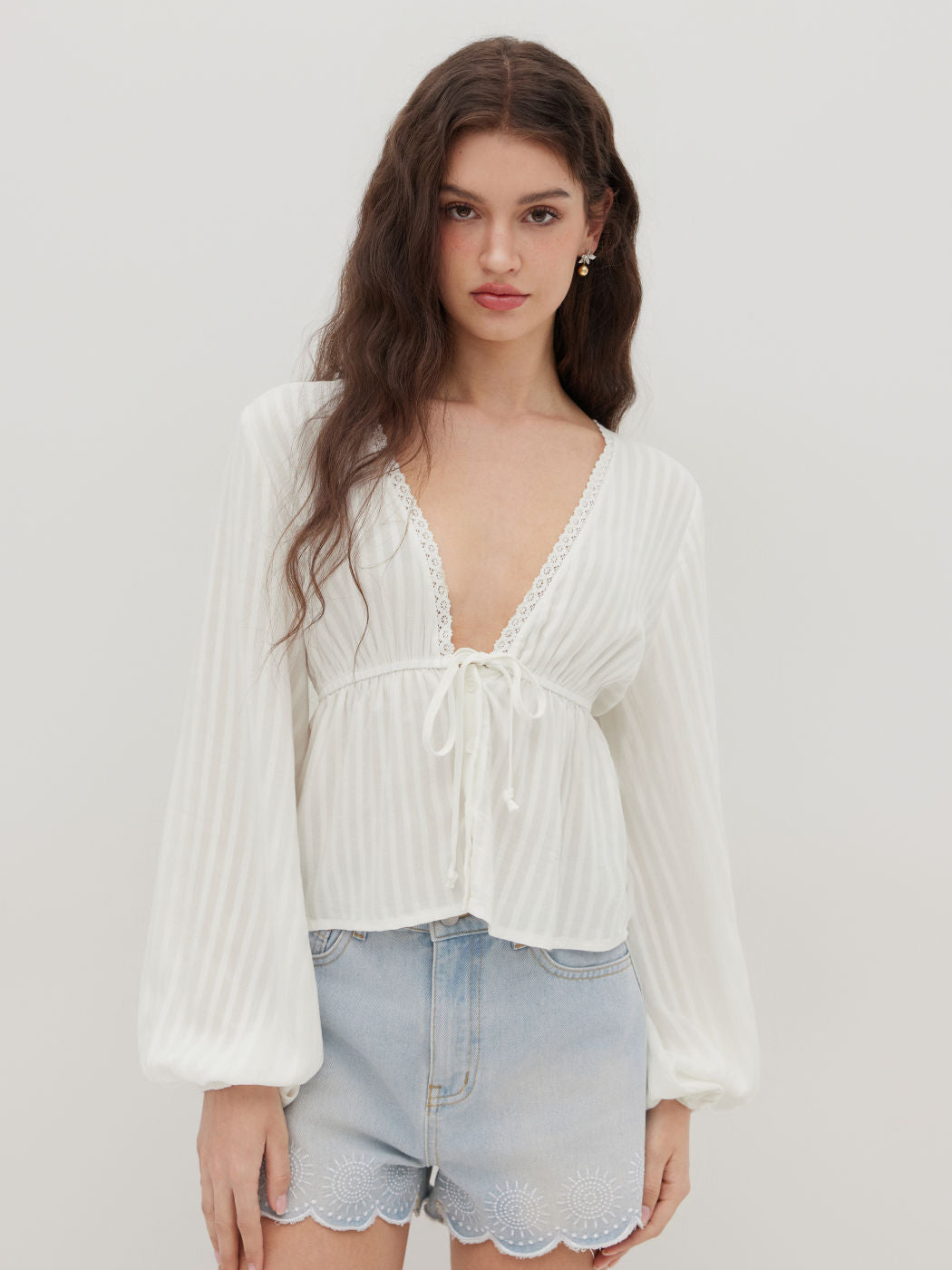 V-neck Striped Ruffle Long Sleeve Blouse