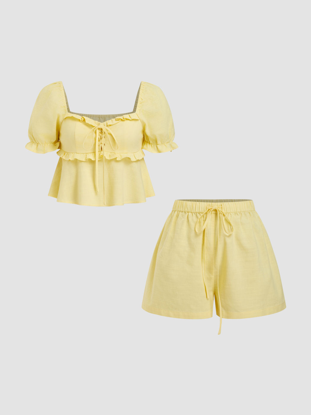 Linen-blend Sweetheart Knotted Lettuce Trim Ruffle Hem Top & Mid Rise Drawstring Shorts Loungewear Set