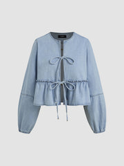 Denim Round Neckline Tie Front Ruffle Hem Jacket