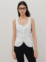 Linen-blend Button Up Square Neck Knotted Blazer Vest