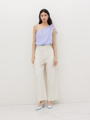 Cotton-blend Asymmetrical Neck Stripe Knotted Shirt Bodysuit