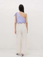 Cotton-blend Asymmetrical Neck Stripe Knotted Shirt Bodysuit